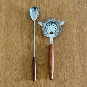 MCM Teak Cocktail Strainer, Mixing Spoon